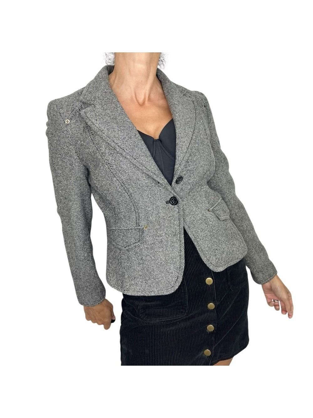 Michael Kors 100% wool black white tweed fitted cropped blazer jacket 8